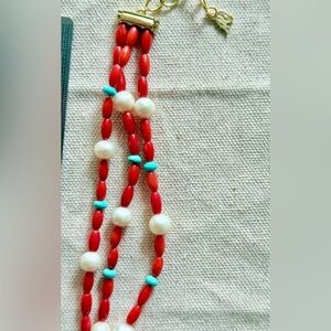 American West Red Coral Bead Pearl & Turquoise Bracelet Handcrafted USA